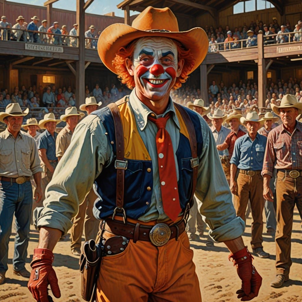 Vibrant Rodeo Clown in a Dusty Arena, Western Art Style