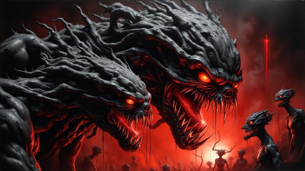 Ethereal Horror Creatures Emerge from Dark Abyss in Charcoal...