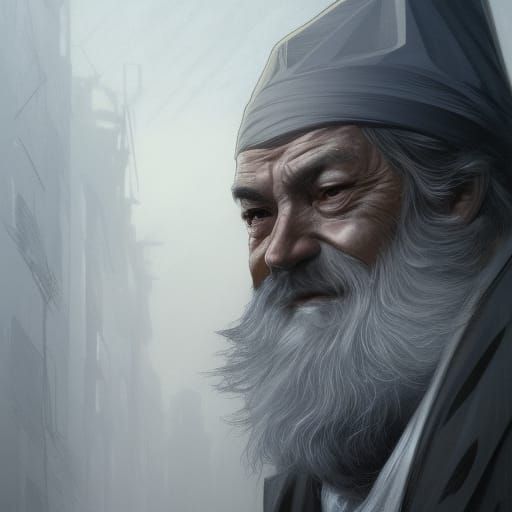 Detailed Portrait of Old Wizard in Art Nouveau Style