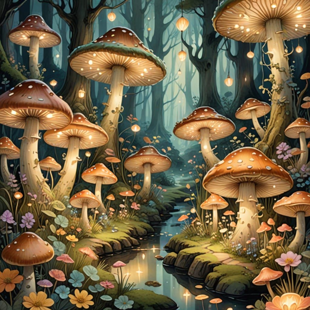 Enchanted Garden with Glowing Mushrooms: Whimsical Illustrat...