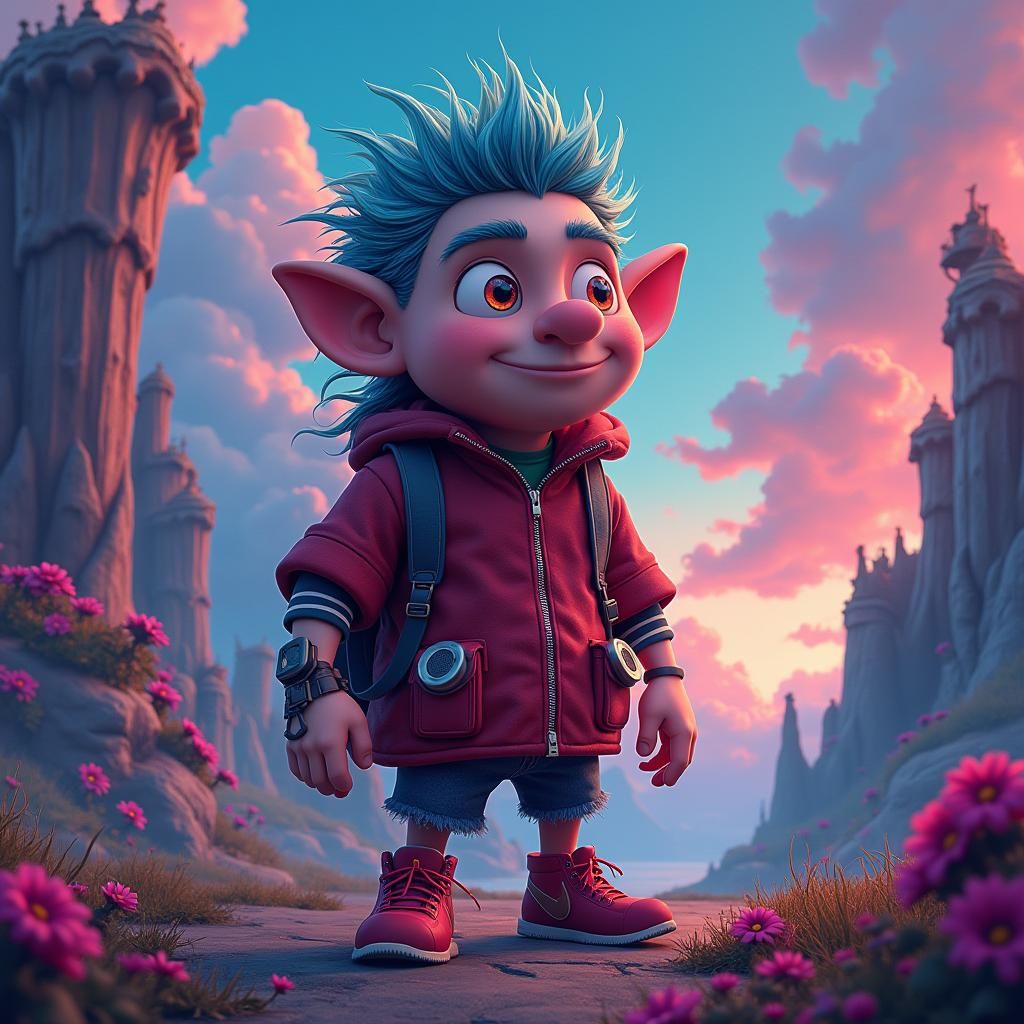 Cartoon Character in Dreamlike Landscape: Matte Painting