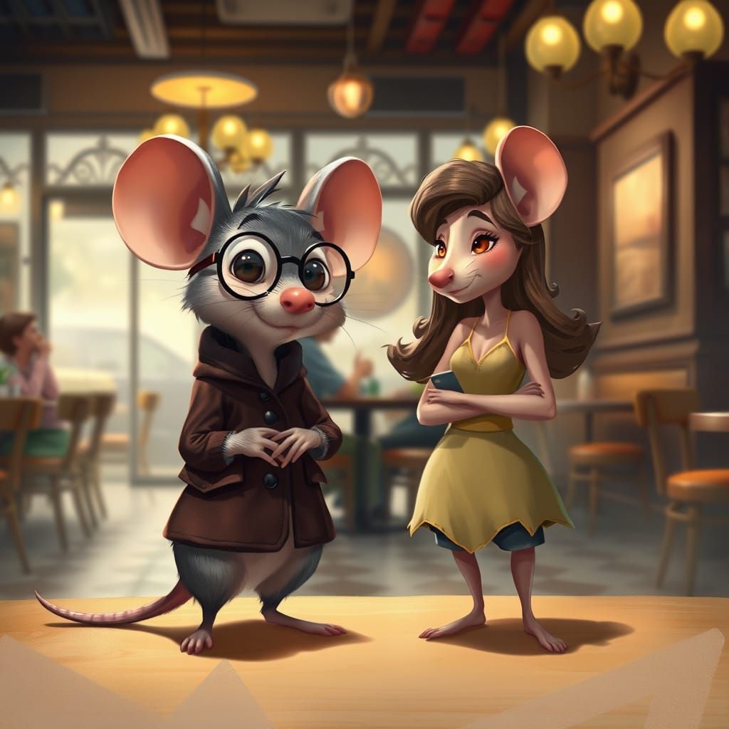 Shy Mouse in Cafe: Character-Focused Digital Painting