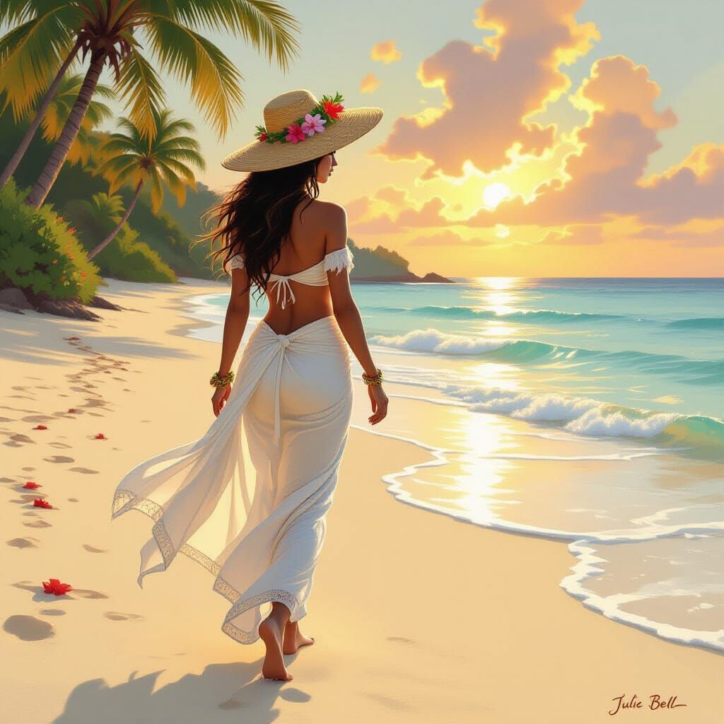 Elf Stroll on Golden Beach, Fantasy Art