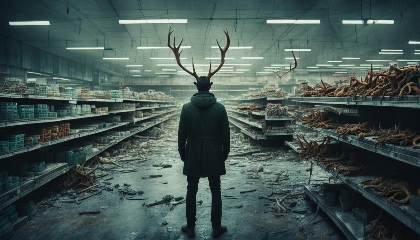 Deer Antlered Man in Abandoned Supermarket