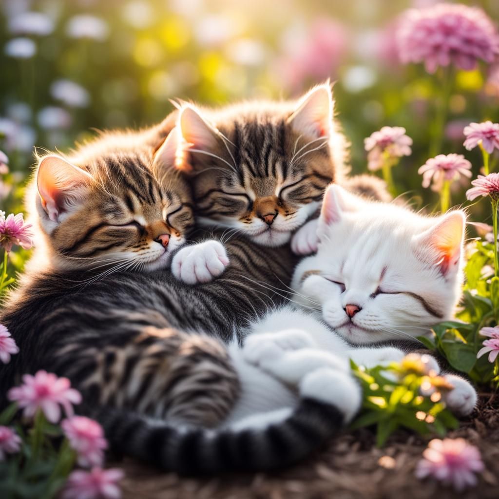 Kittens Napping Peacefully in Flower Bed
