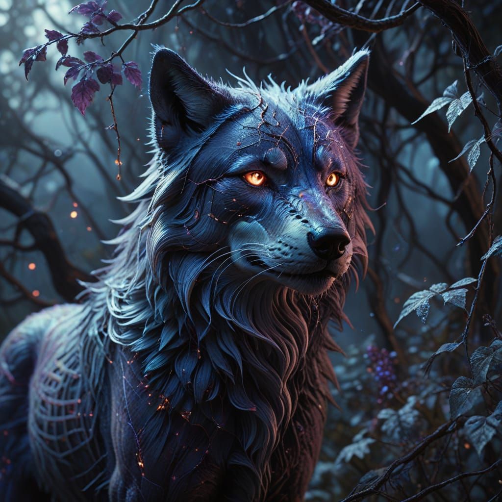 Ethereal Wolf Emerges from Gossamer Webs in Grimdark Forest