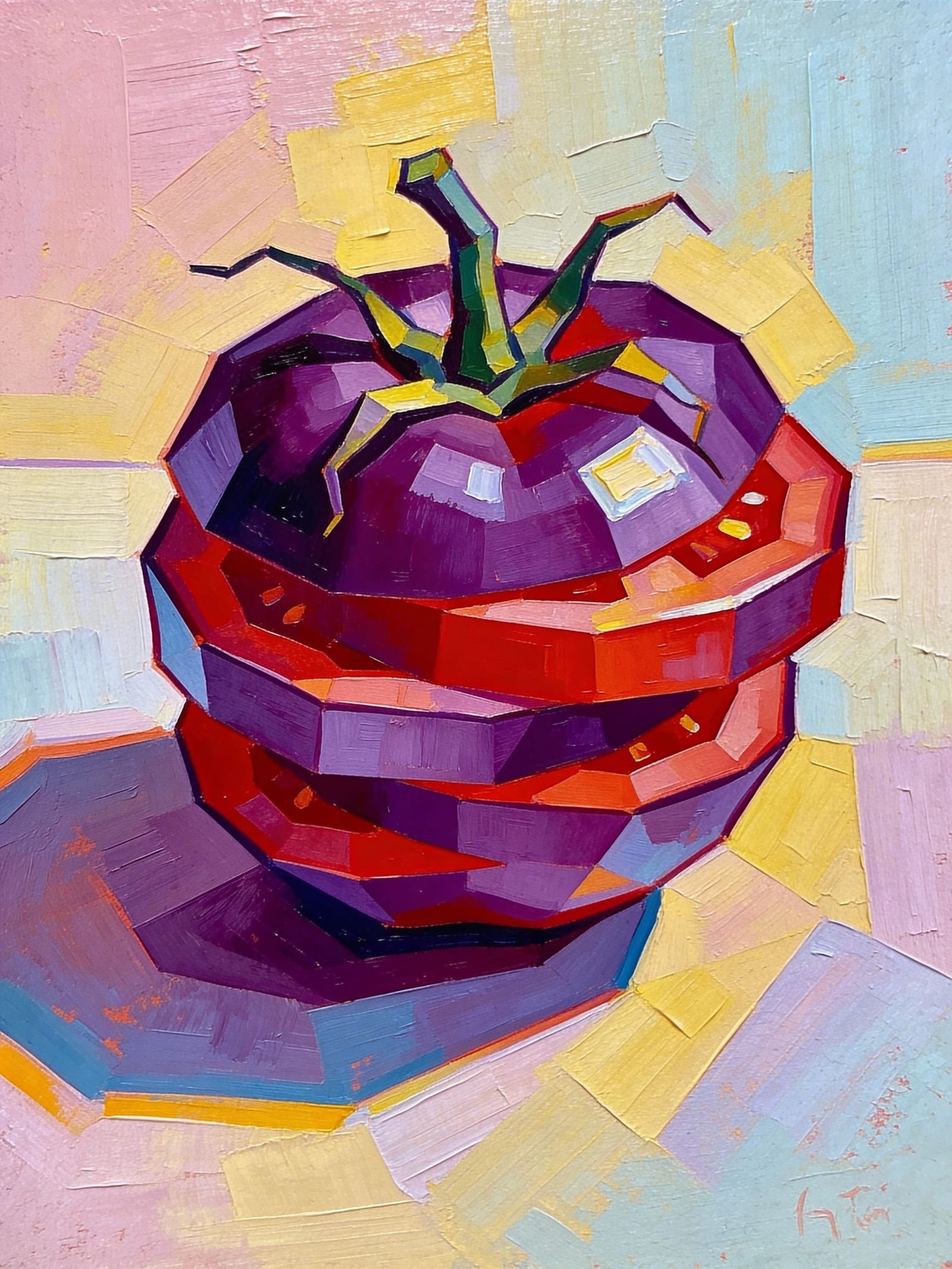 Cubist Purple Tomato with Bold Geometric Shapes