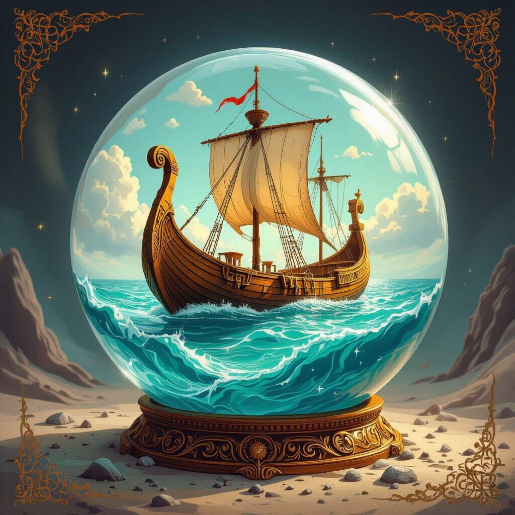 Viking Ship in Crystal Ball, Dreamy Mystical Art