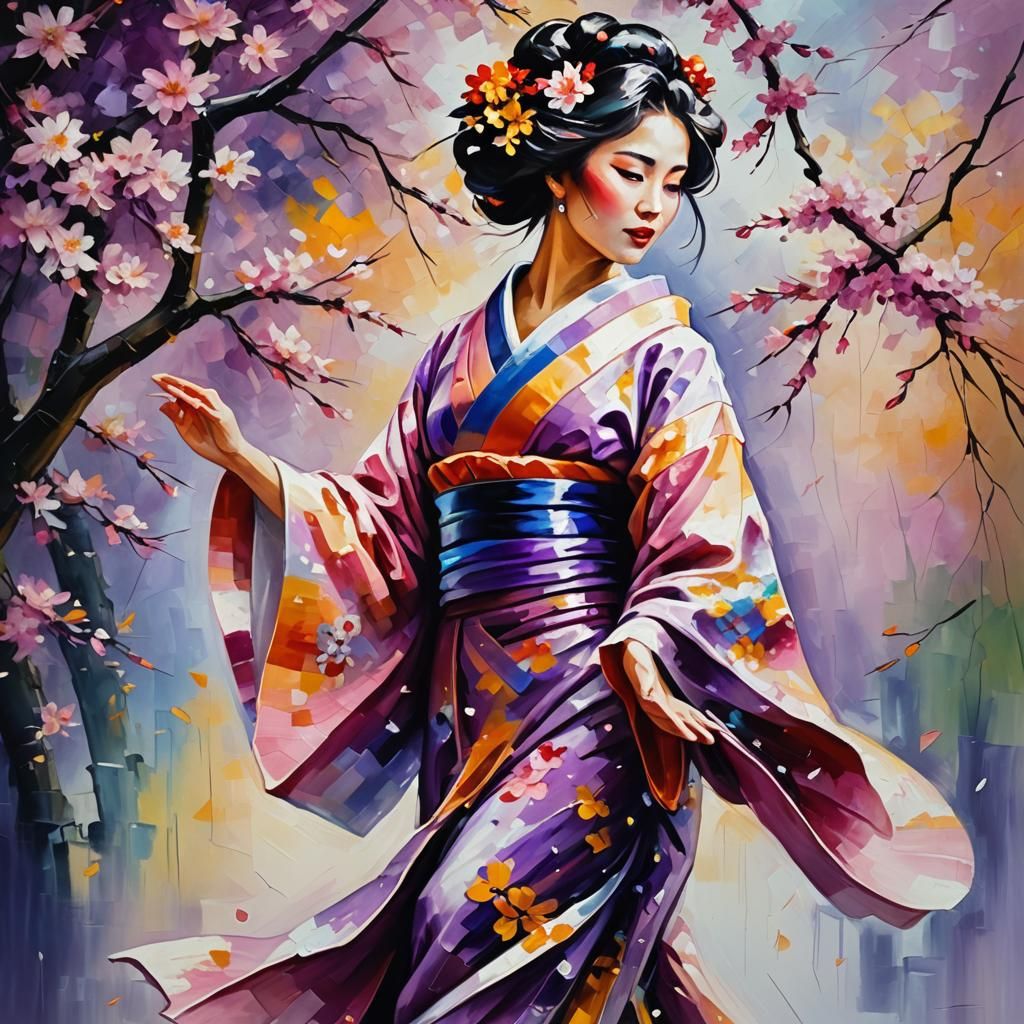Vibrant Geisha Portrait in Expressionist Style