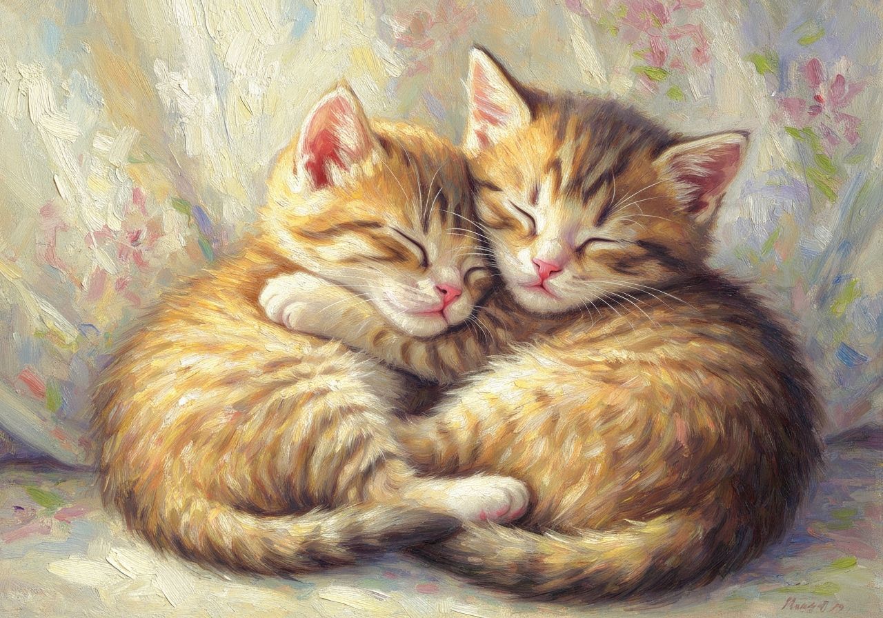 Sleeping Kittens: Impressionist Oil Painting in Pastel Hues