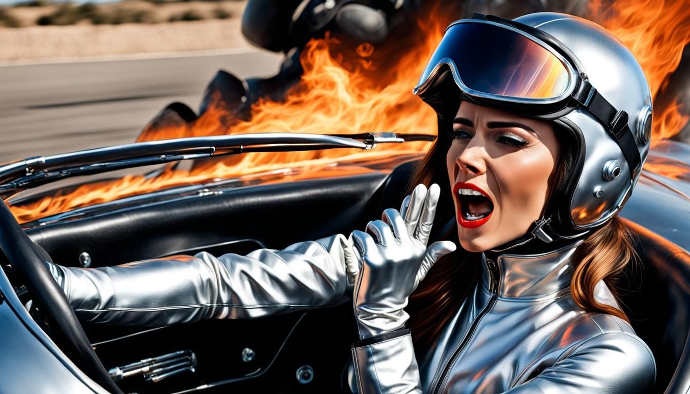 Girl Screaming in Burning Race Car, Detailed Digital Art