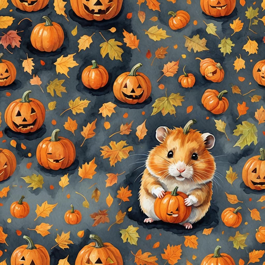 Hamster and Jack-o'-Lantern in Gouache Style