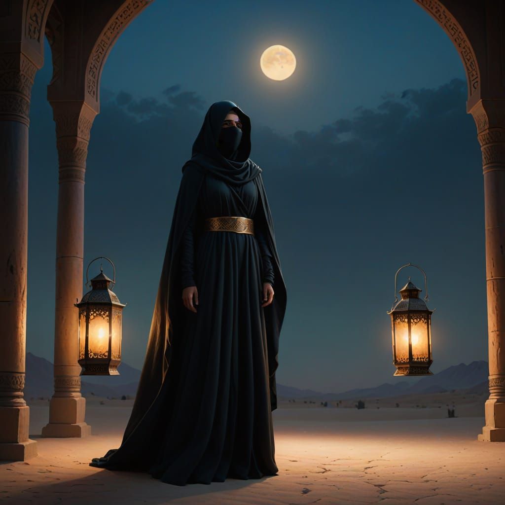 Woman in Niqab with Lantern: Cinematic Concept Art