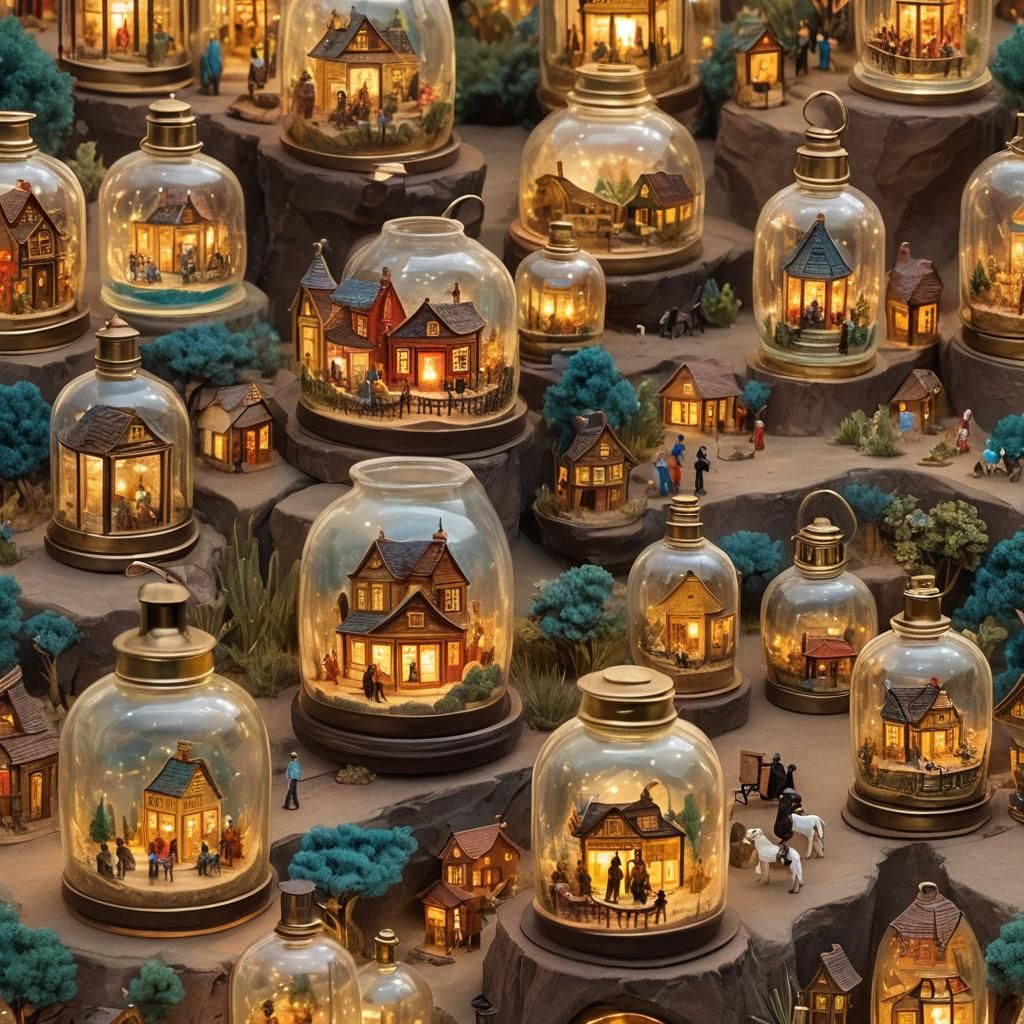 Miniature Vintage Town Inside Translucent Spinning Bottle