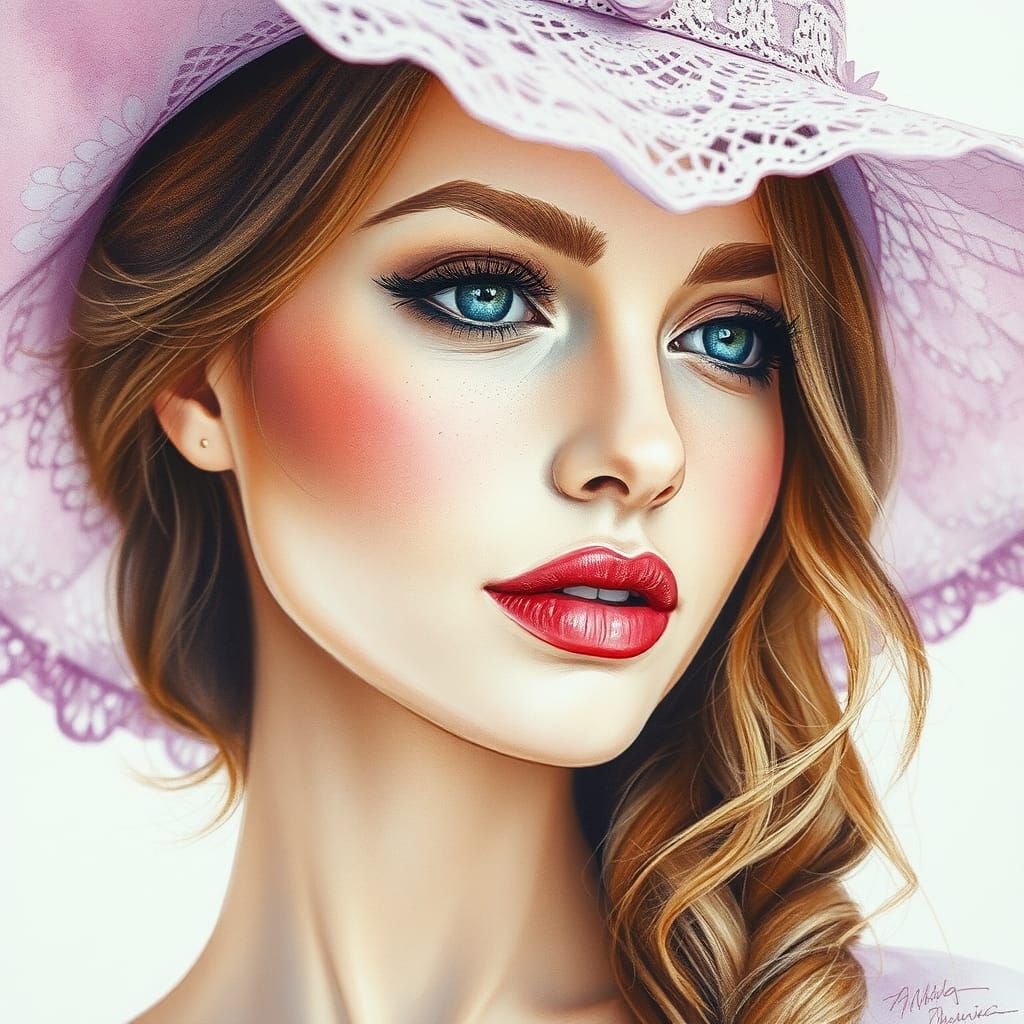 Dreamy Watercolor Portrait of Woman in Lace Hat