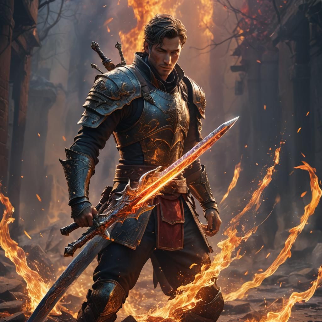 Hero with Fiery Sword: Hyperrealistic Concept Art