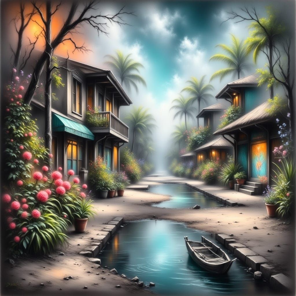 Key West Street Scene in Surreal Style