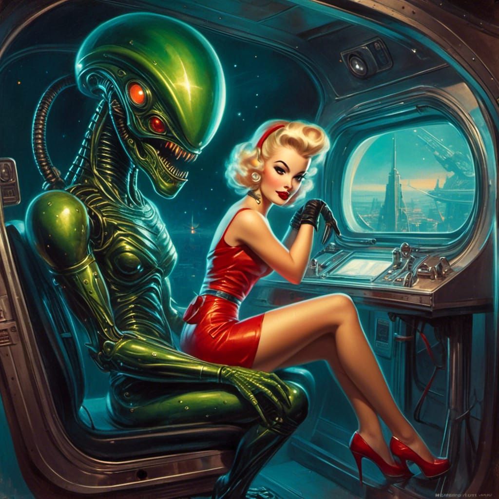 Retro Sci-Fi Alien Pinup with Spacecycle