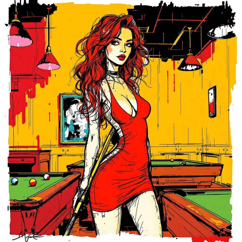 Confident Woman in Red Mini Dress, Pool Cue in Hand, amidst ...
