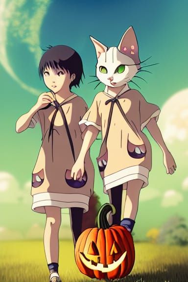 Cute Halloween Kittens Trick-or-Treating, Anime Style