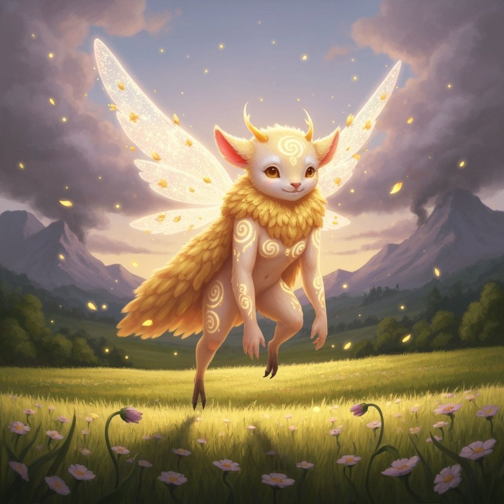 Glowing Feathered Creature in Sunlit Meadow: Surreal Fantasy