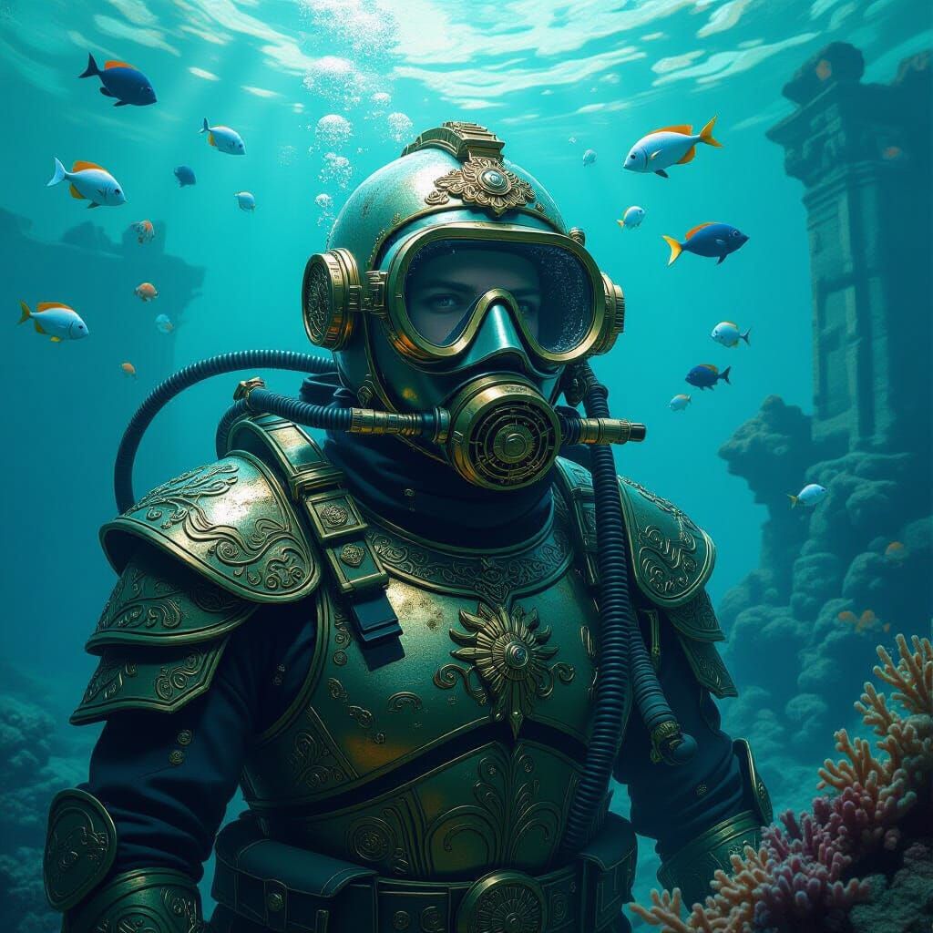 Underwater Archeologist in Atlantis Ruins: Digital Art