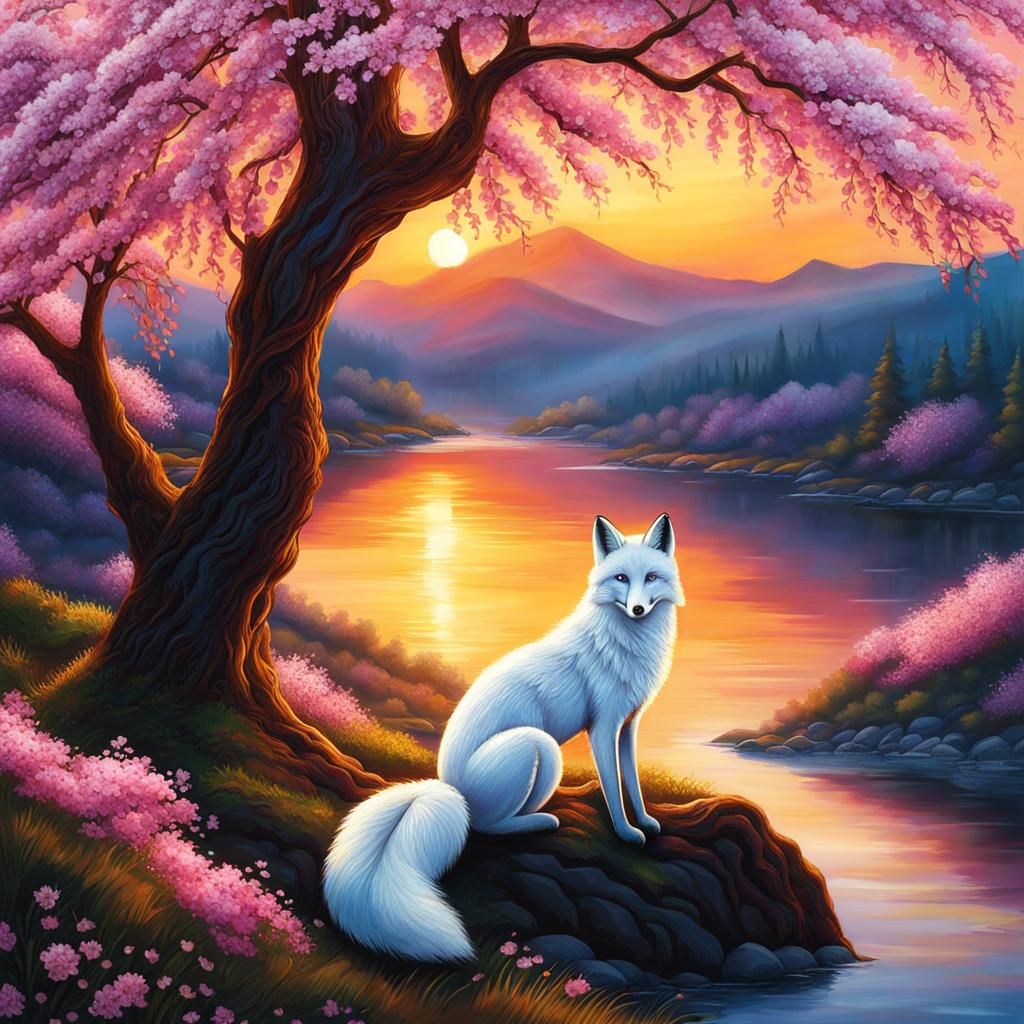 Snowy fox Sunset, cherry blossom trees