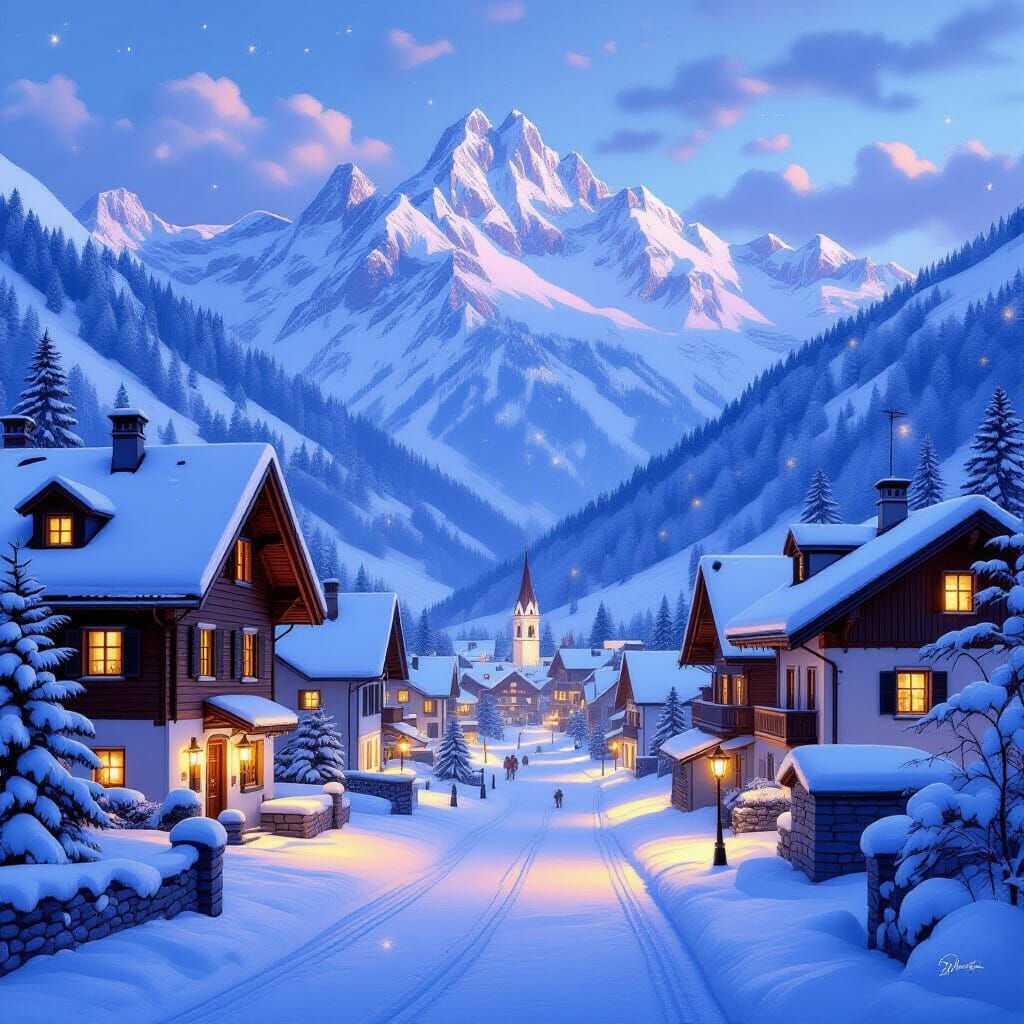 Cozy Swiss Alps Village in Winter Wonderland