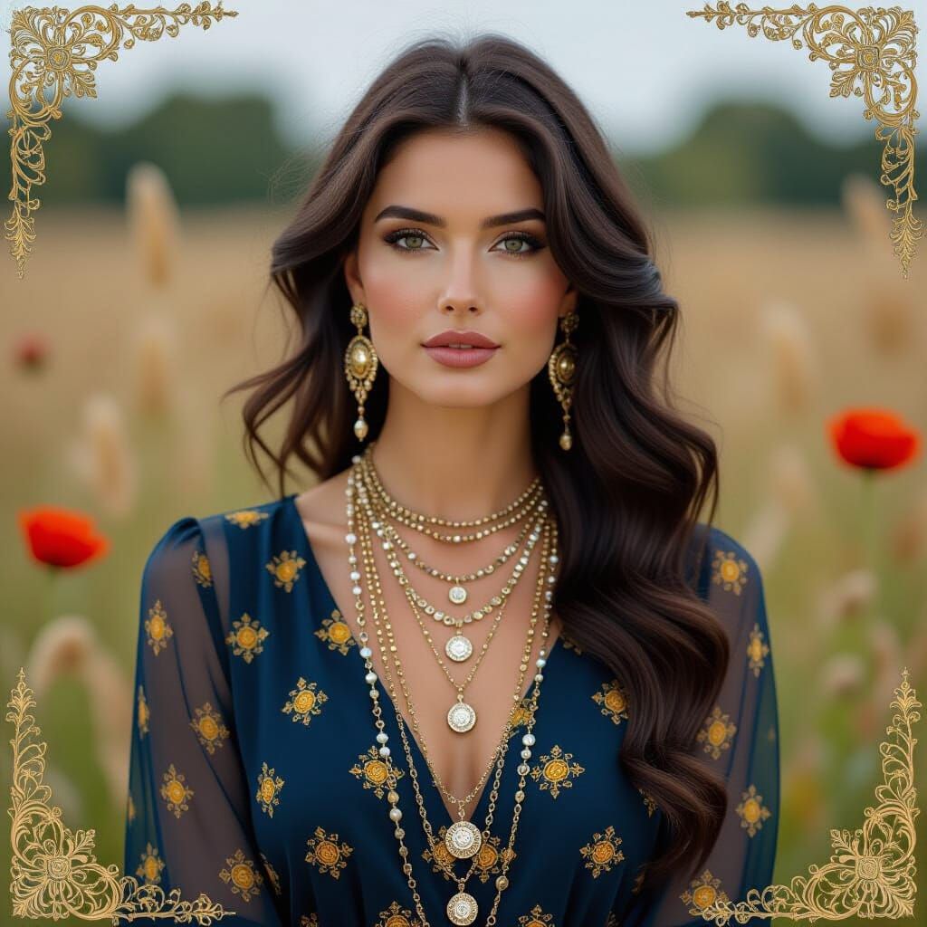 Dark-Haired Woman with Ornate Jewelry in Art Nouveau Style
