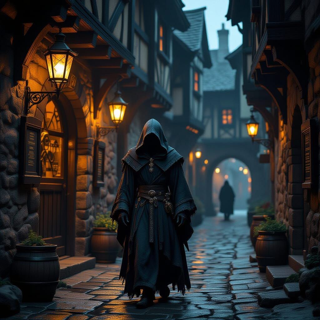 Hooded Figure at Medieval Tavern Entrance in Golden Glow