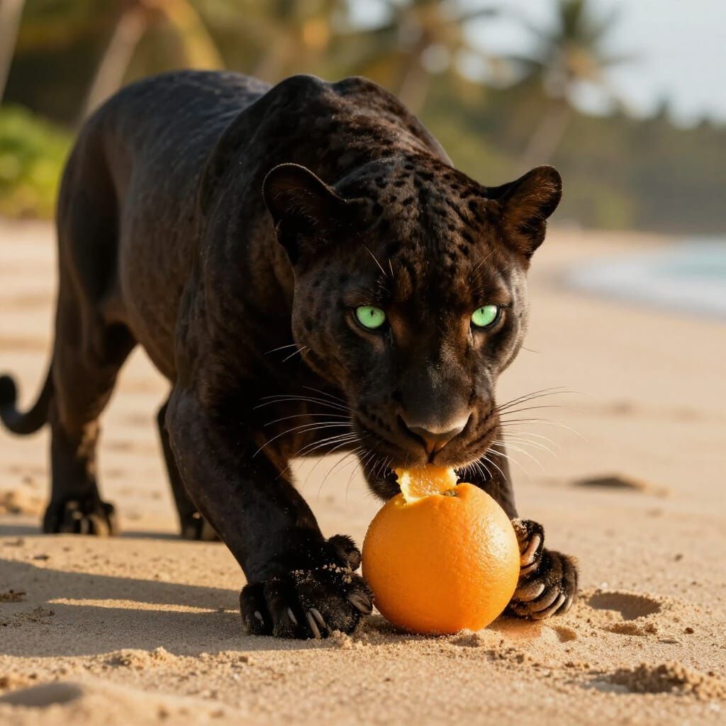 Photorealistic Black Panther Eats Orange on Tropical Beach
