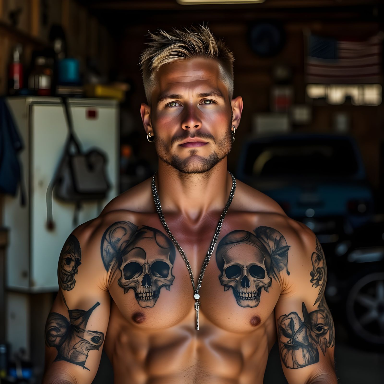 Muscular Man with Tattoos in Dimly Lit Garage