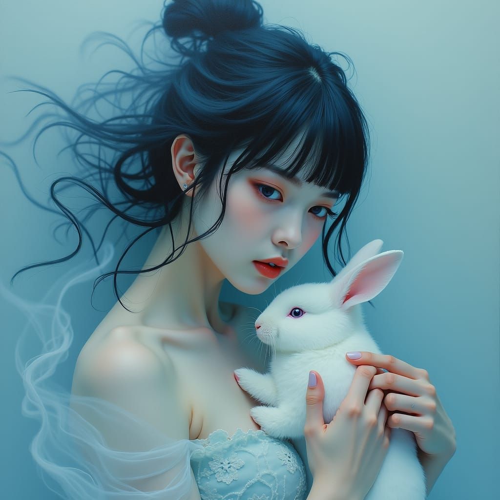 Ethereal Japanese Woman with Rabbit as Impasto Painting