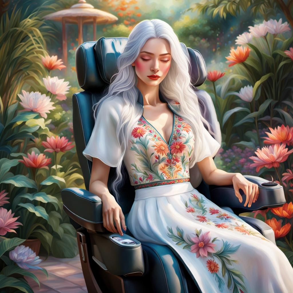 Woman Relaxing in Garden Massage Chair: Splash Art