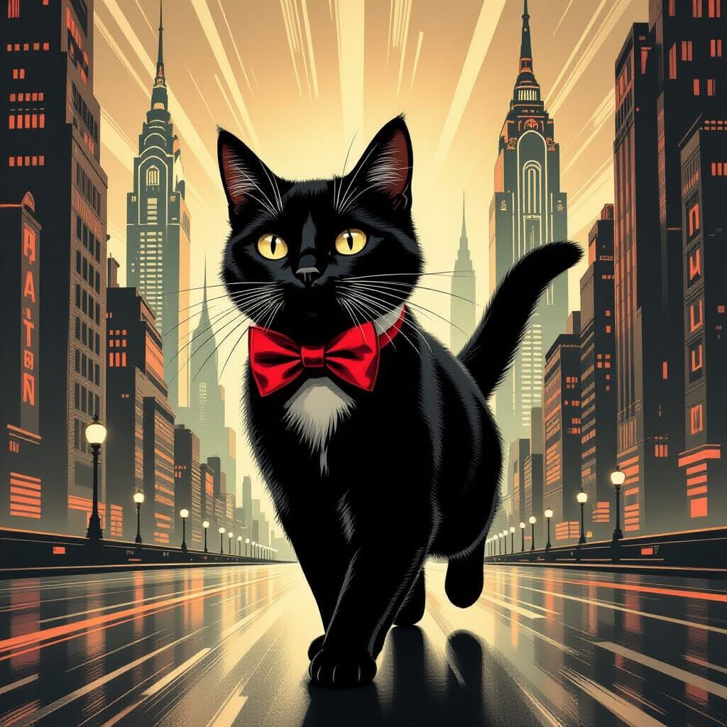 Dapper Cat in Retrofuturistic Cityscape, Gustave Doré Style