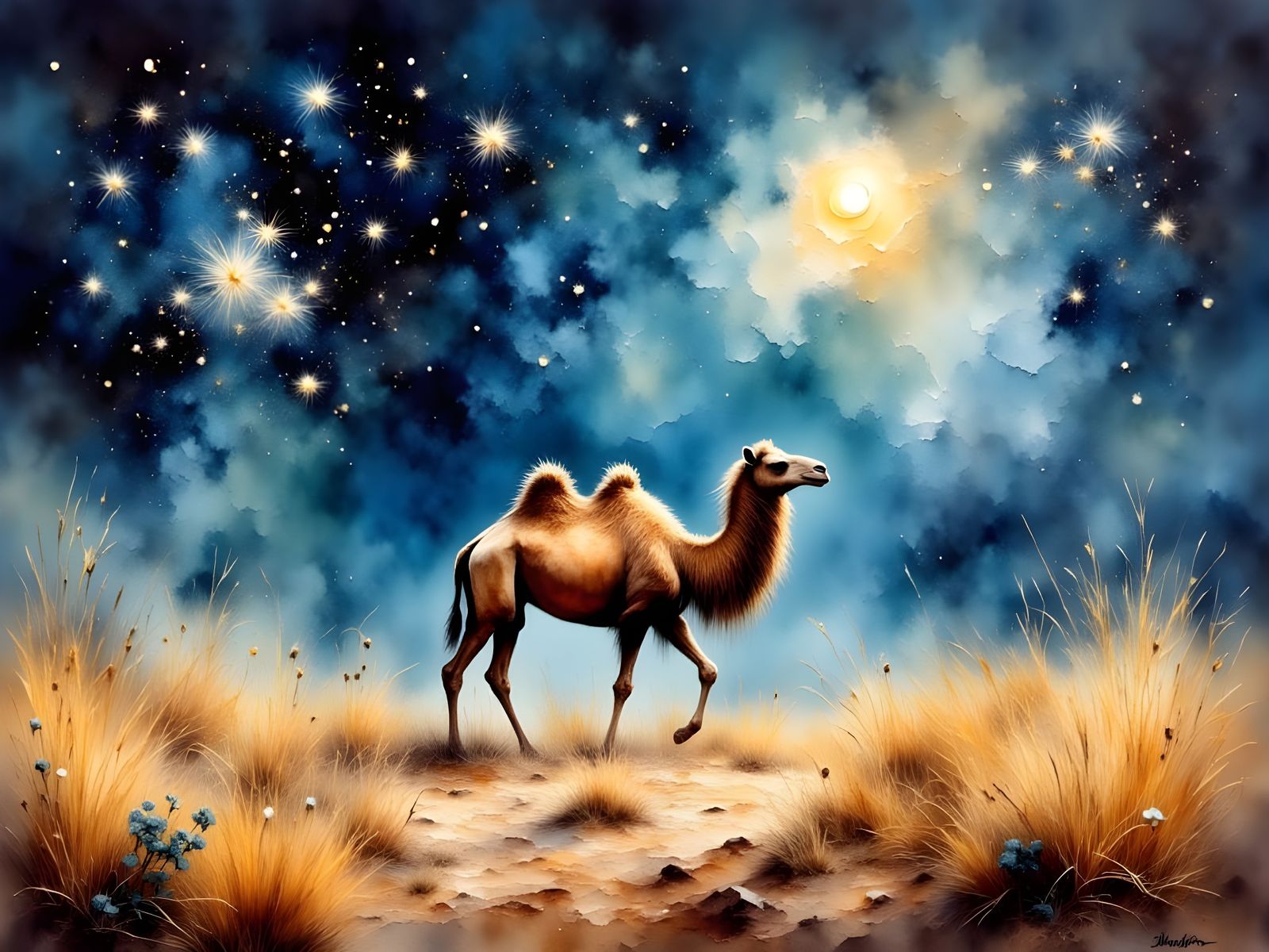 Majestic Dromedary Camel Roams Under Starry Desert Skies