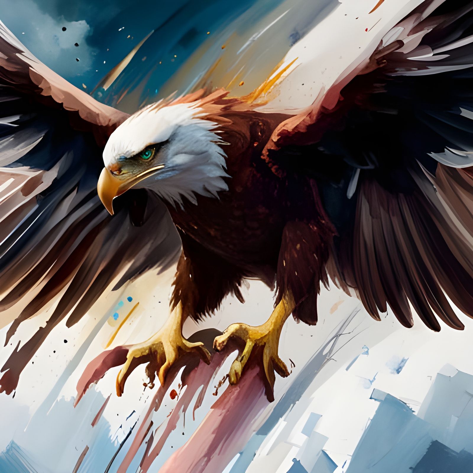 Majestic Eagle Soaring Through Explosions: Watercolor Art