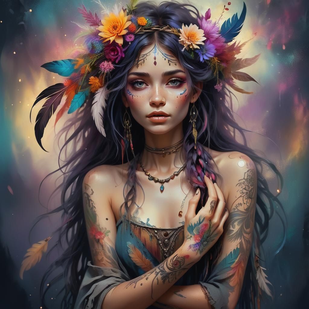 Ethereal Bohemian Woman with Tiny Character, Digital Art