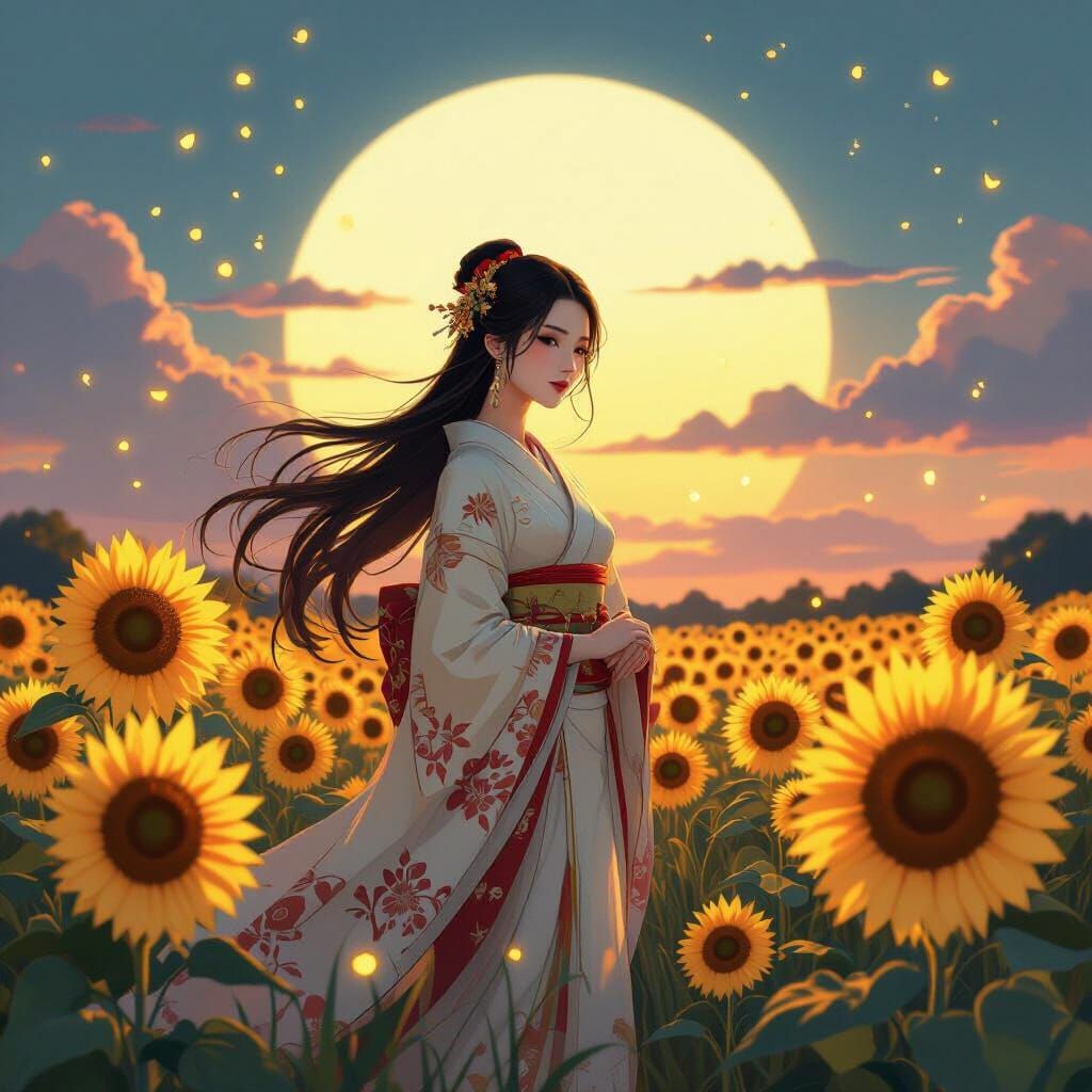 Japanese Woman in Sunflower Field, Art Nouveau Style