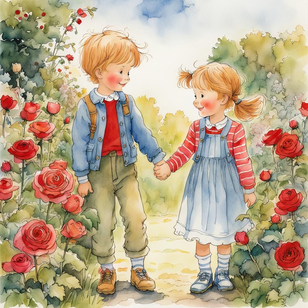 Whimsical Children's Illustration in Rose Garden