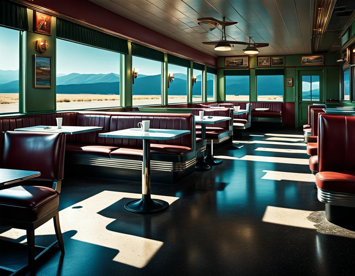 An empty diner in the middle of nowhere, with papers thrown on the floor and chairs overturned.