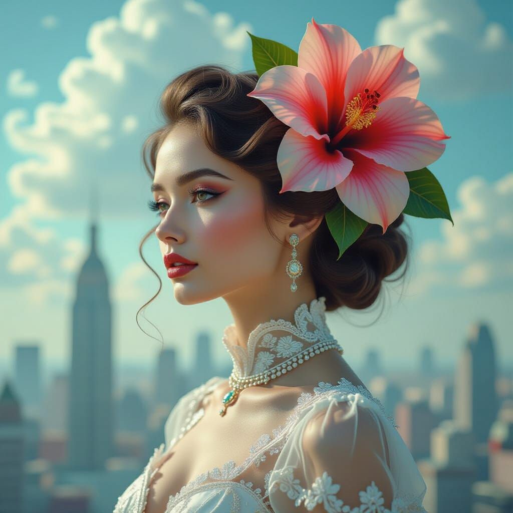 Surreal Female Portrait in Retro-Futuristic City
