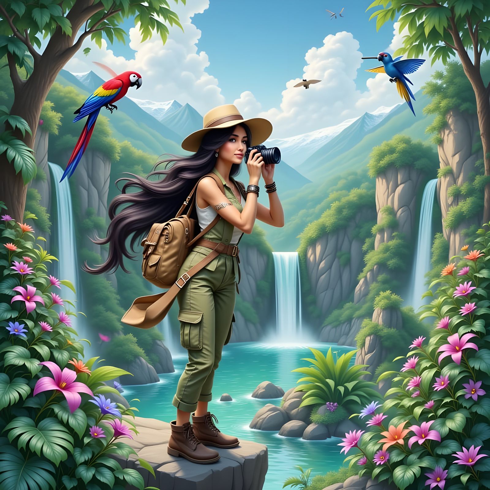 Explorer Woman Photographs Misty Waterfall in Lush Jungle