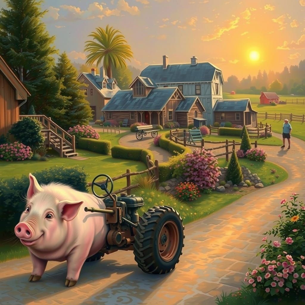 Happy Pig-Tractor Farm Scene at Golden Hour