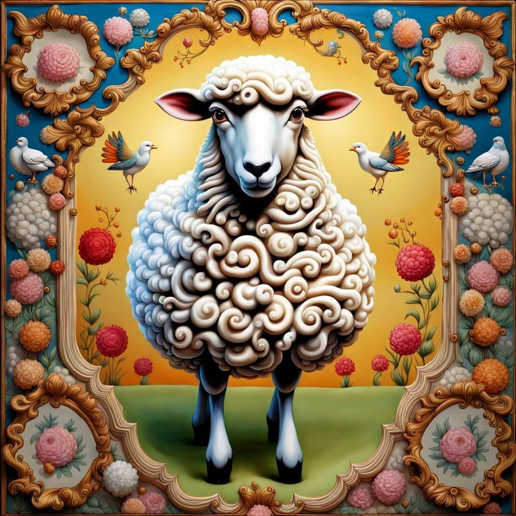 Sheep Above Chicken in Maximalist Style