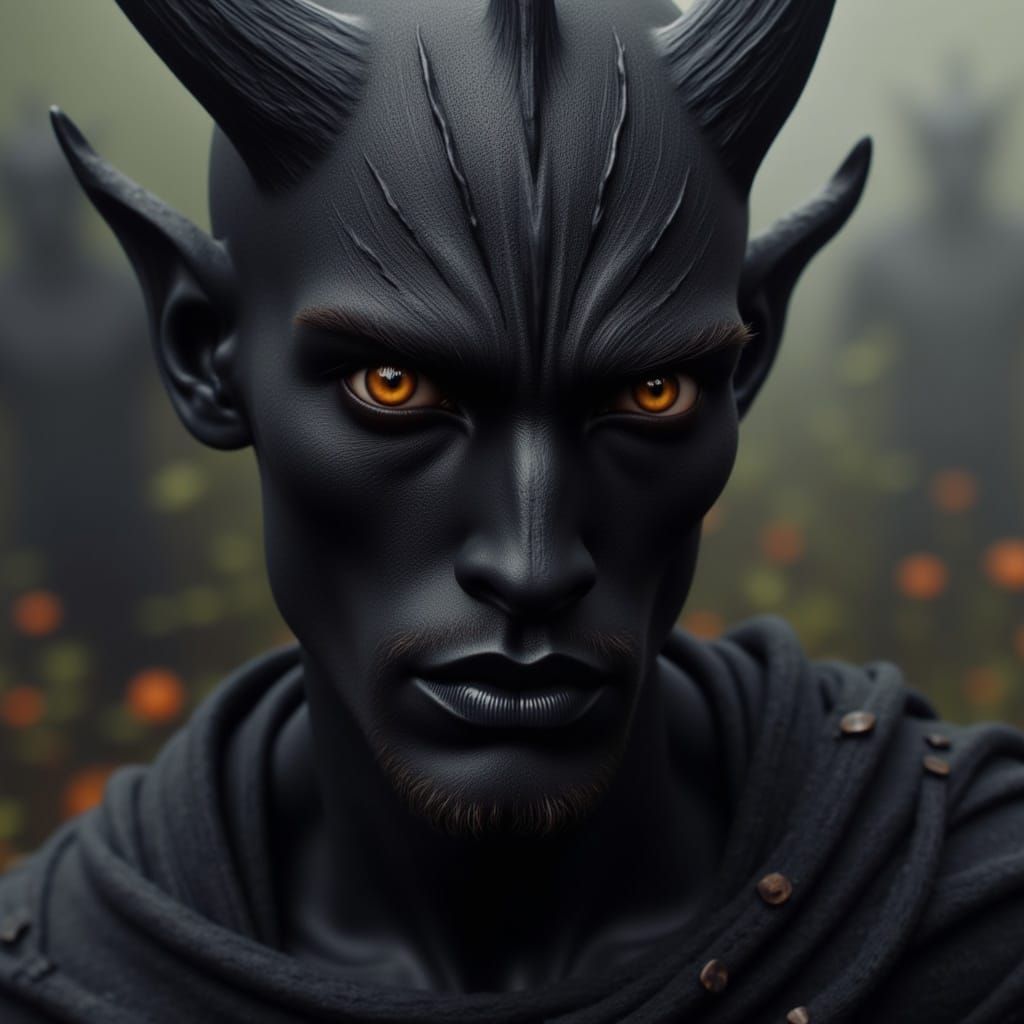 Charcoal Demon with Glowing Gold Eyes