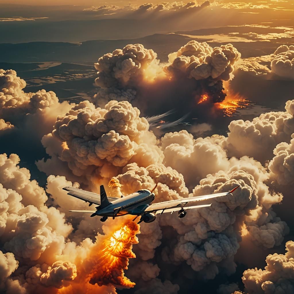 Dramatic Film Still of Plane on Fire