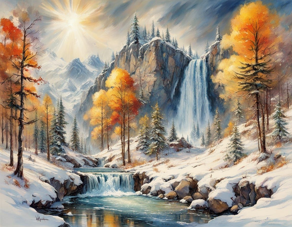 Autumn Waterfall in Snowstorm Oil Painting