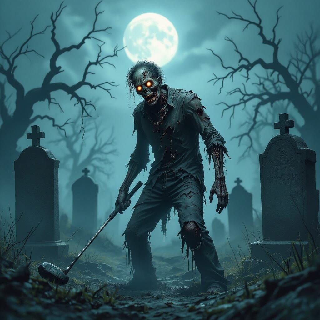 Zombie Golfer in Haunted Graveyard: A Horror Art Piece