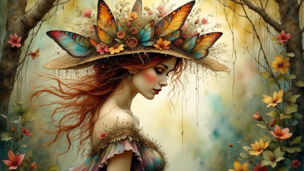 Art Nouveau Woman with Butterfly Wing Hat